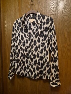 Michael Kors Womens Black & White Leopard Print Button-Up Shirt/Blouse 10